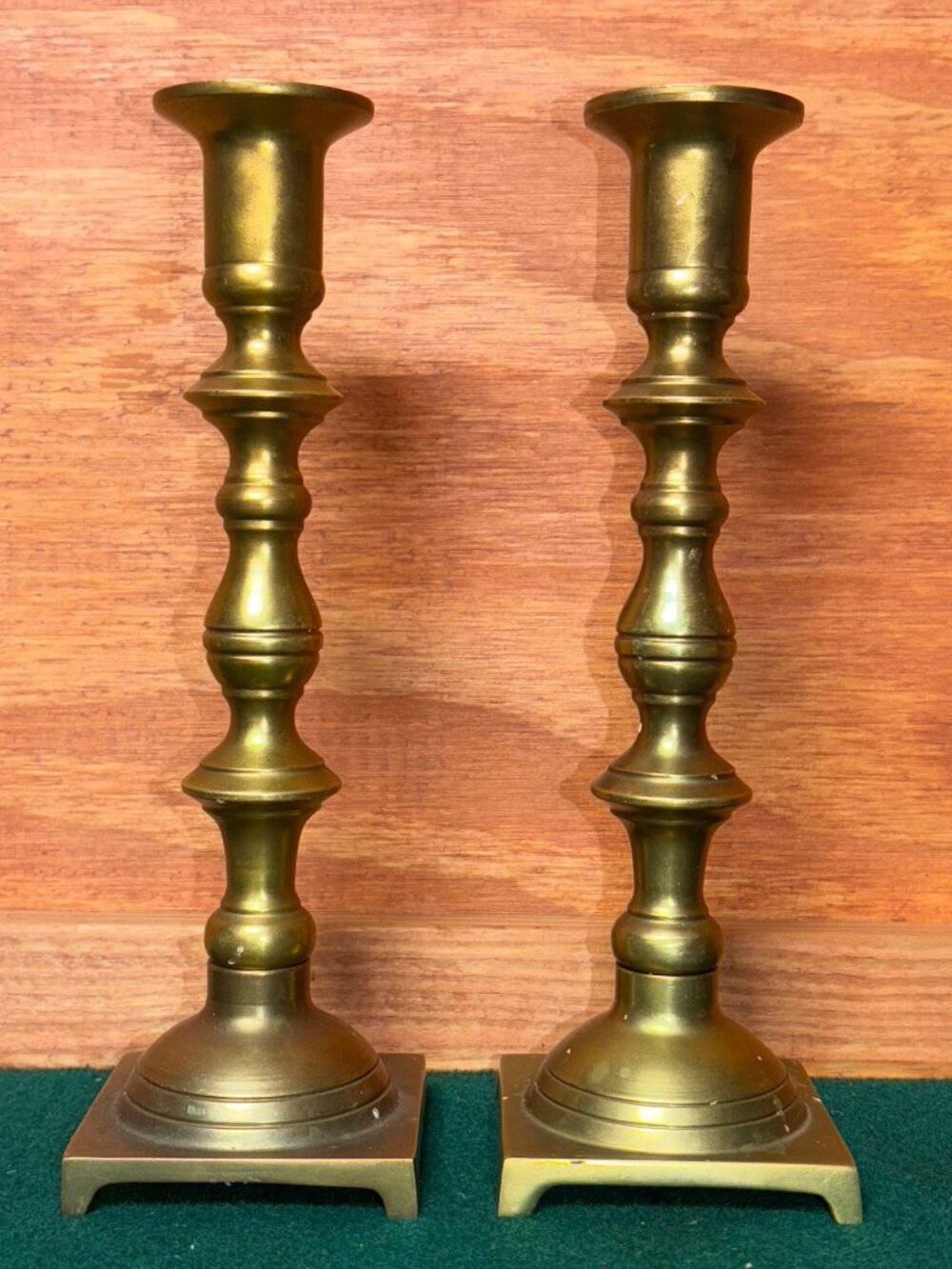 VTG Solid Brass Candlestick Holders Multi-Knob Stem & Square Base 8" Set Of 2